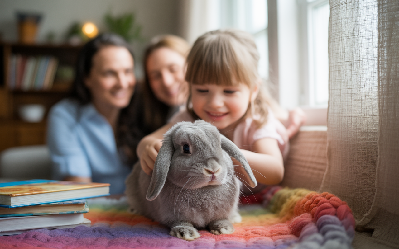 Une petite fille souriante caresse un lapin gris, tandis que deux femmes en arrière-plan regardent avec bienveillance. Le décor est chaleureux.