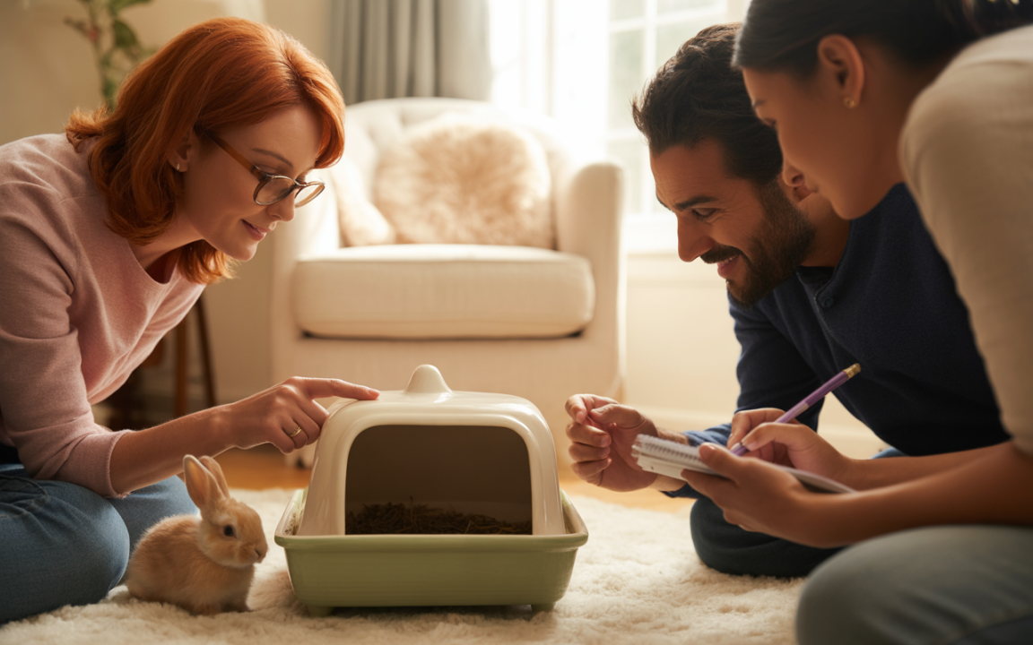 Trois personnes s’agenouillent autour d'une caisse pour animal. Un lapin est assis à côté d'eux, tous souriants et attentifs.