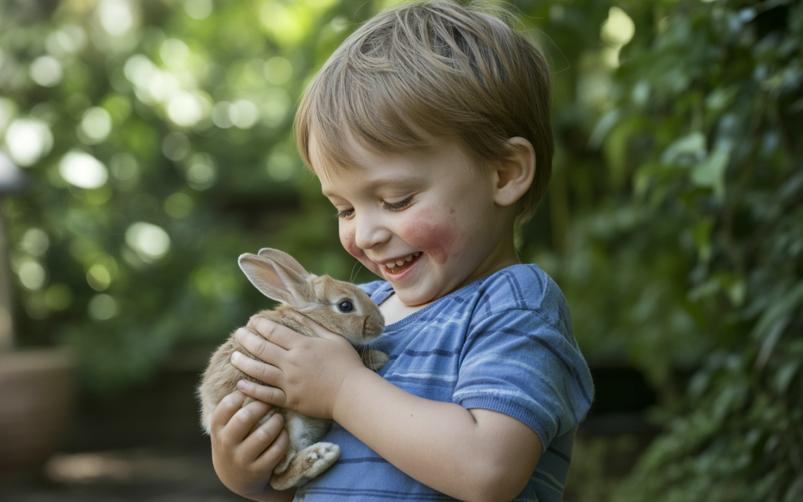 Un jeune garçon souriant tient un lapin dans ses bras, entouré de verdure floue en arrière-plan.