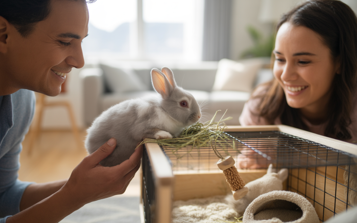 Un homme et une femme sourient en jouant avec un lapin gris devant une cage bien aménagée dans une pièce lumineuse.