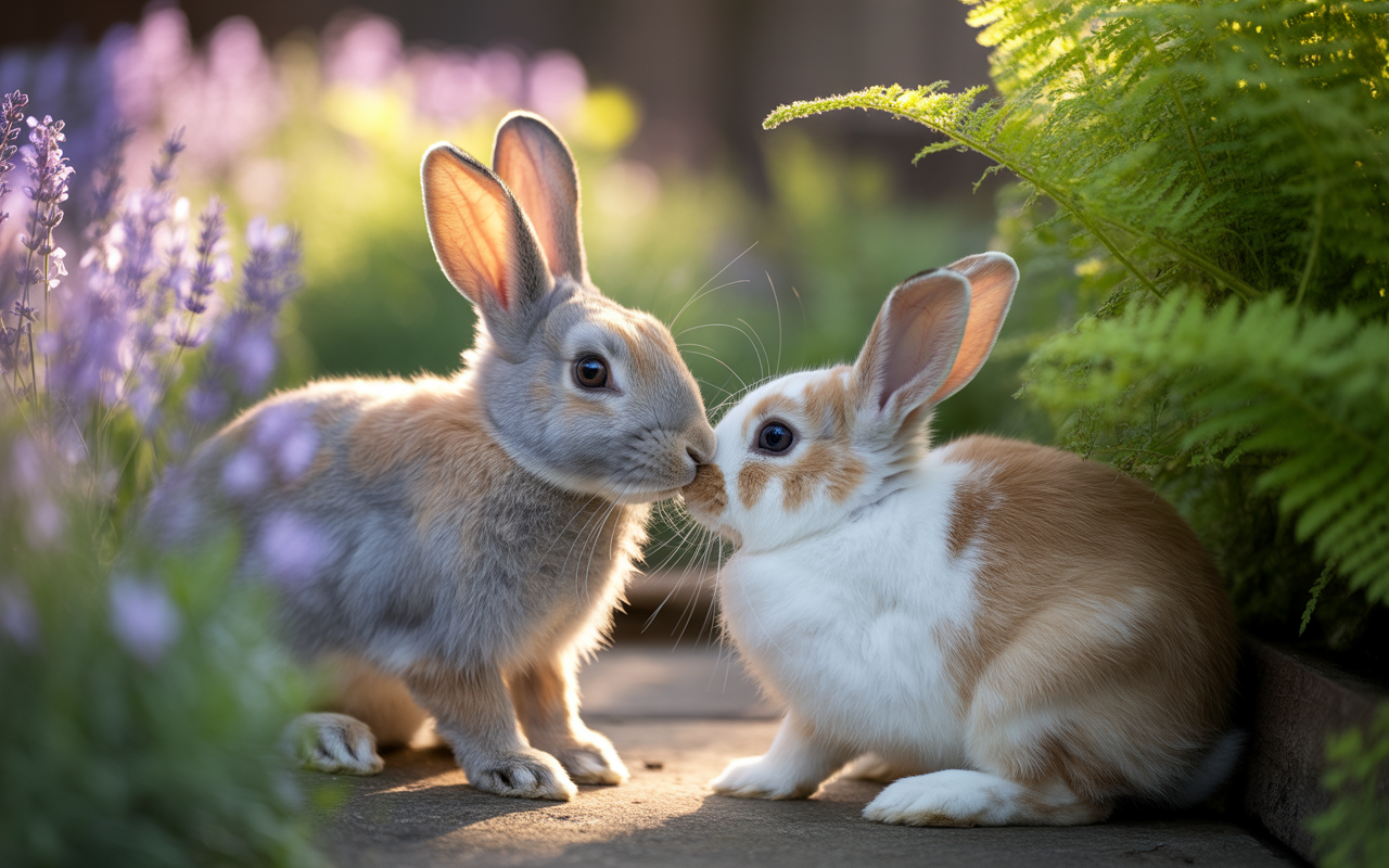 Deux lapins affectueux se rapprochent dans un jardin fleuri, entourés de lavande et de fougères, illuminés par la lumière douce.