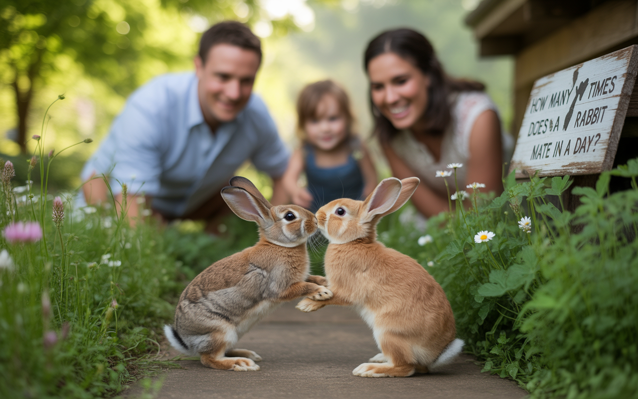 Deux lapins se font face sur un chemin, tandis qu'une famille souriante les observe dans un jardin fleuri.