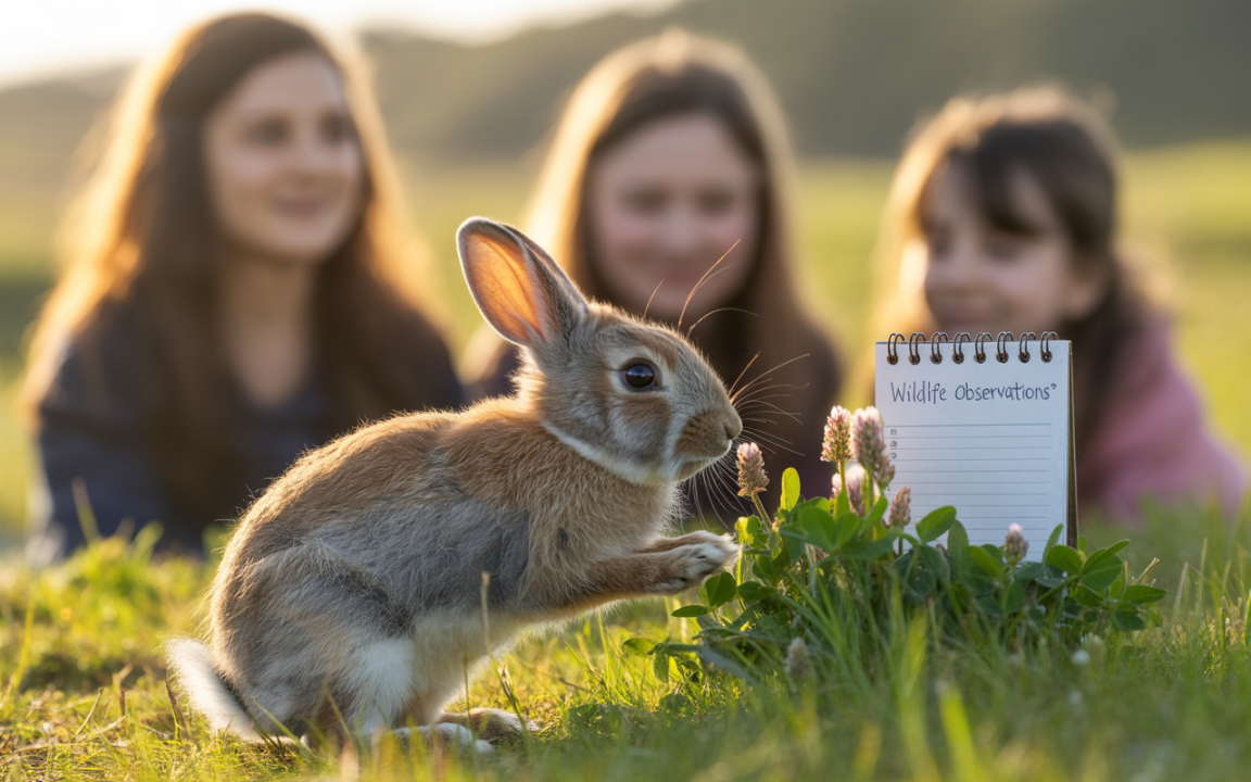 Un jeune lapin curieux se tient près d'un carnet de notes, tandis que trois filles l'observent, assises dans l'herbe.