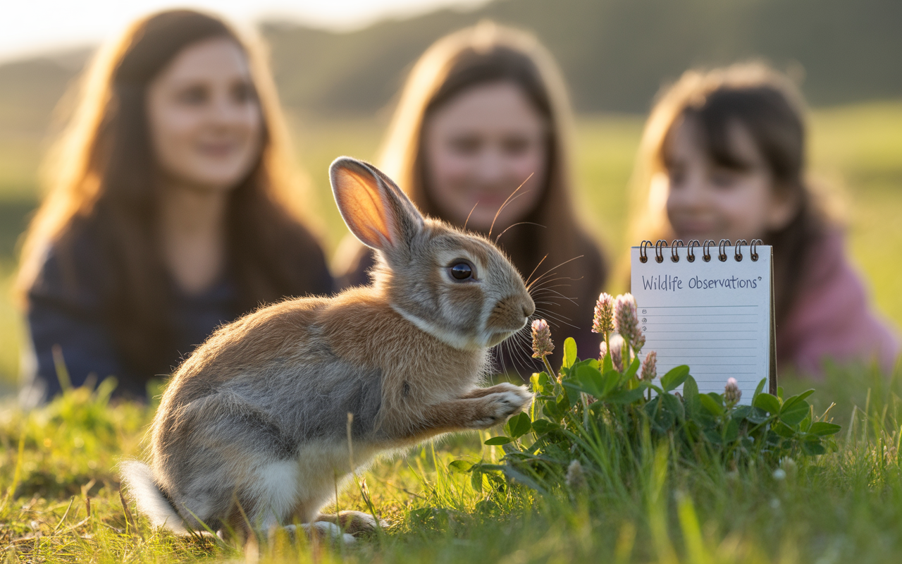 Un jeune lapin curieux se tient près d'un carnet de notes, tandis que trois filles l'observent, assises dans l'herbe.