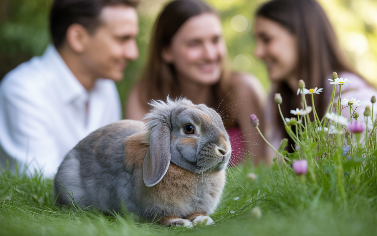 Un lapin aux oreilles longues repose sur l'herbe, avec des fleurs autour, tandis que deux personnes souriantes sont floues en arrière-plan.
