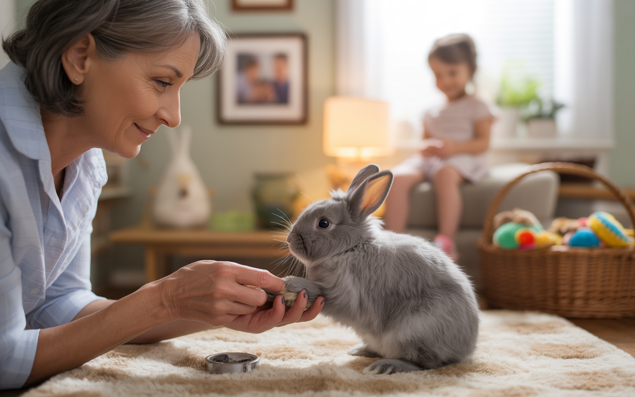 Une femme souriante interagit avec un lapin gris, tandis qu'une petite fille joue en arrière-plan. Ambiance chaleureuse et familiale.