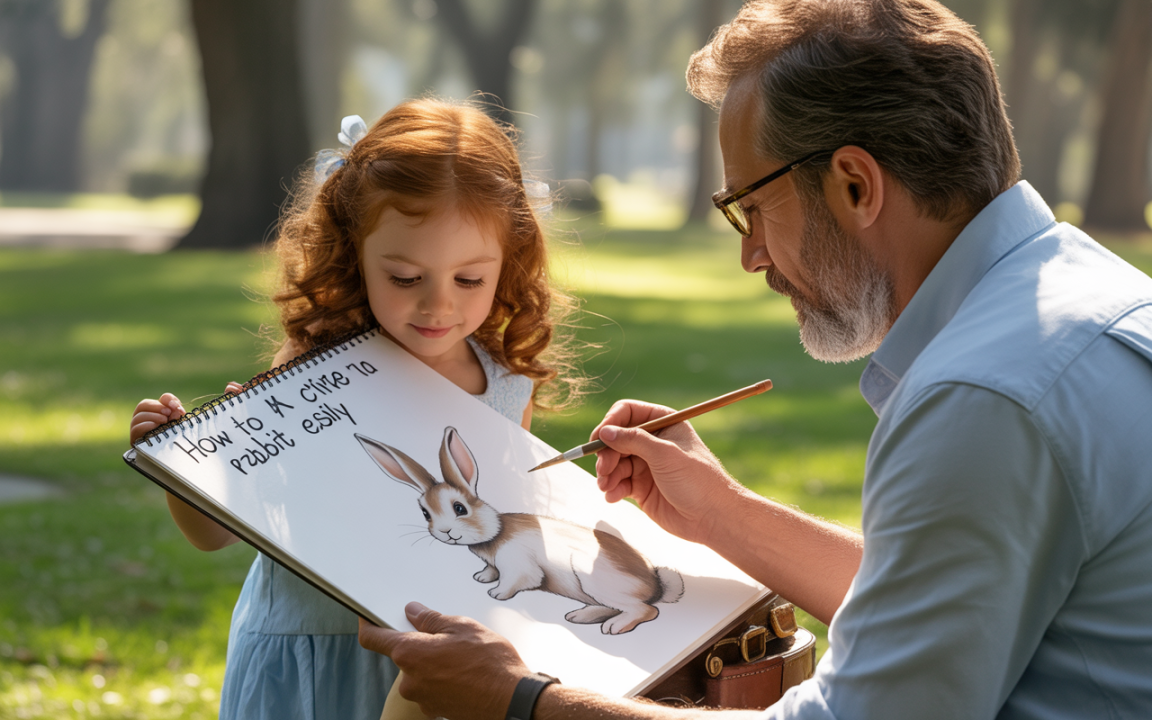 Un adulte dessine un lapin sur un carnet, tandis qu'une petite fille blonde observe, dans un parc ensoleillé.