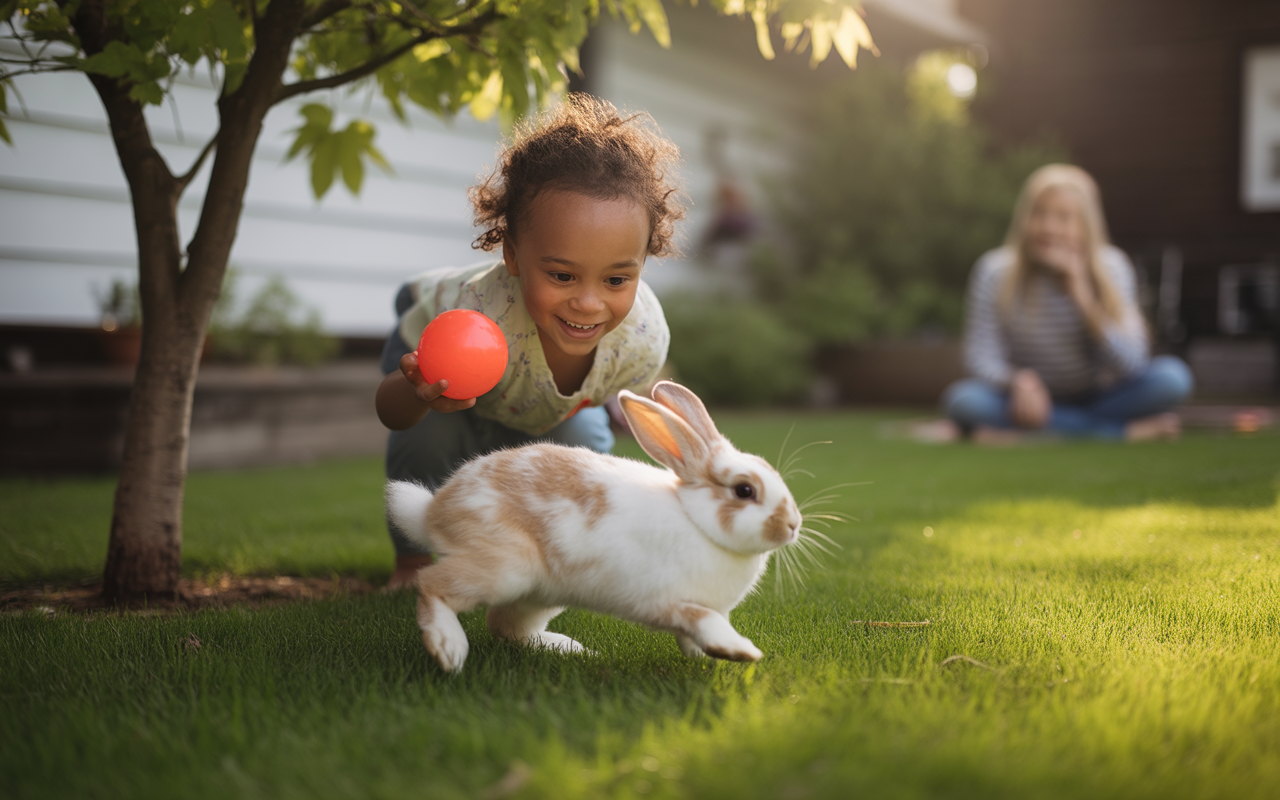 Une petite fille souriante joue avec un lapin dans un jardin, tenant une balle orange, tandis qu'une femme les observe.