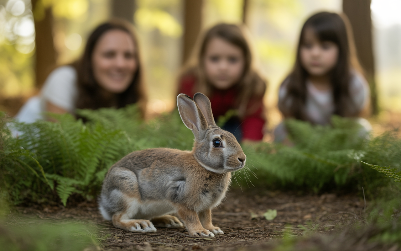 Un lapin curieux observe trois personnes, dont deux enfants, allongés parmi des fougères en forêt, dans une lumière douce.