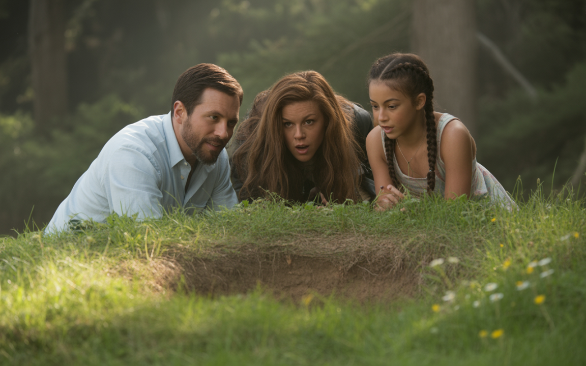 Trois personnes, un homme, une femme et une fille, se penchent curieusement sur un trou dans l'herbe, en forêt.