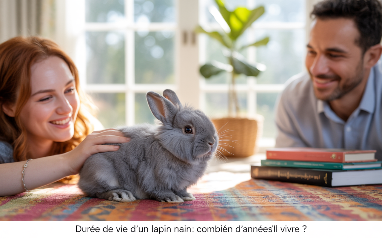 Un couple souriant s'approche d'un lapin nain gris sur un tapis coloré, avec des livres à côté et des fenêtres lumineuses.