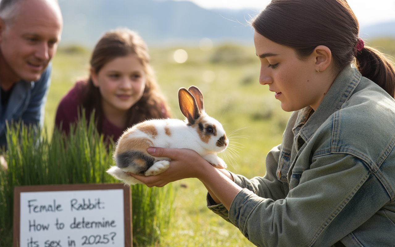 Une jeune femme tient un lapin dans des prairies, avec des enfants et un panneau explicatif en arrière-plan.