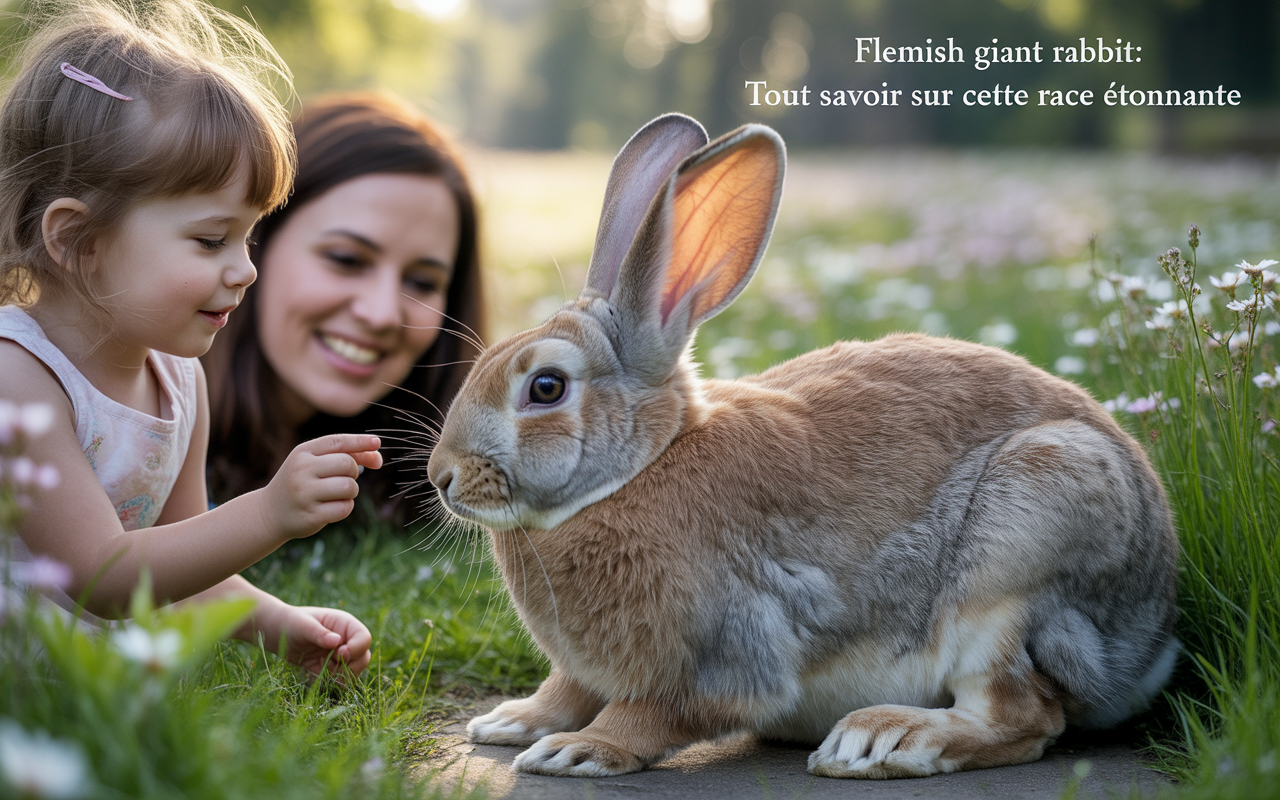Une petite fille touche un lapin géant de Flandre, tandis qu'une femme sourit en arrière-plan, entourés de fleurs.