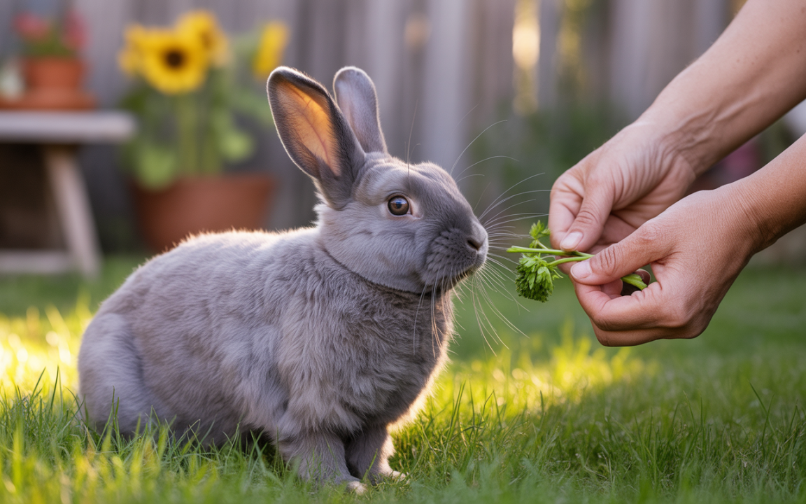 Un lapin gris assis sur l'herbe reçoit une branche de persil d'une main. En arrière-plan, des tournesols et un mobilier de jardin.