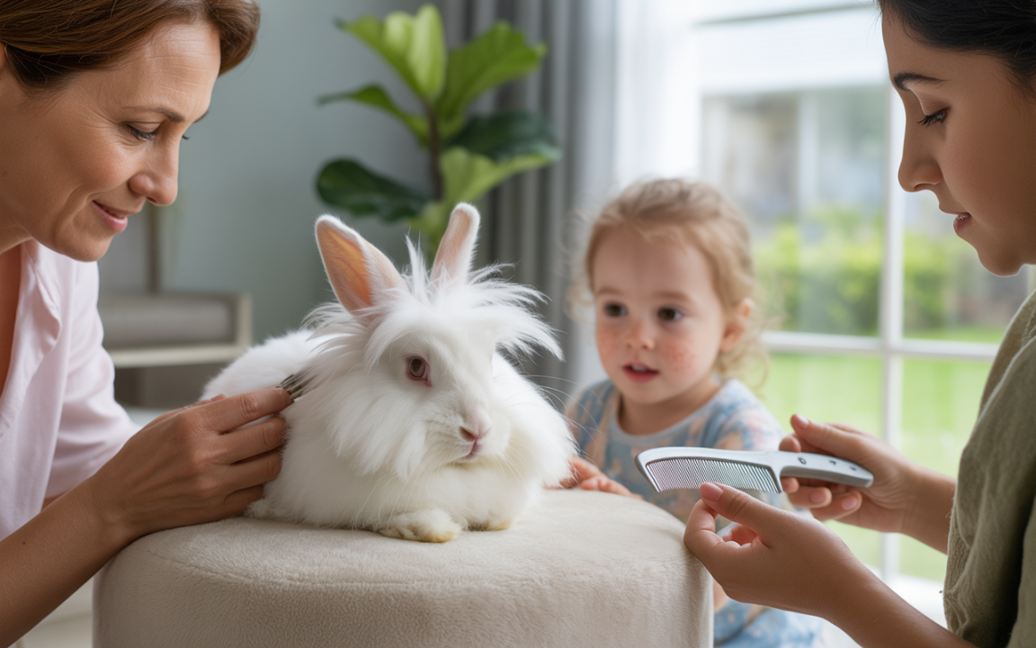 Une femme et une petite fille s'occupent d'un lapin angora sur un tabouret, avec un peigne dans les mains.