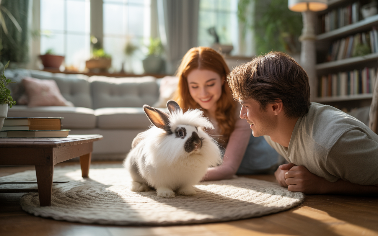 Un couple souriant joue avec un lapin aux poils longs, dans un salon lumineux et accueillant, entouré de livres.