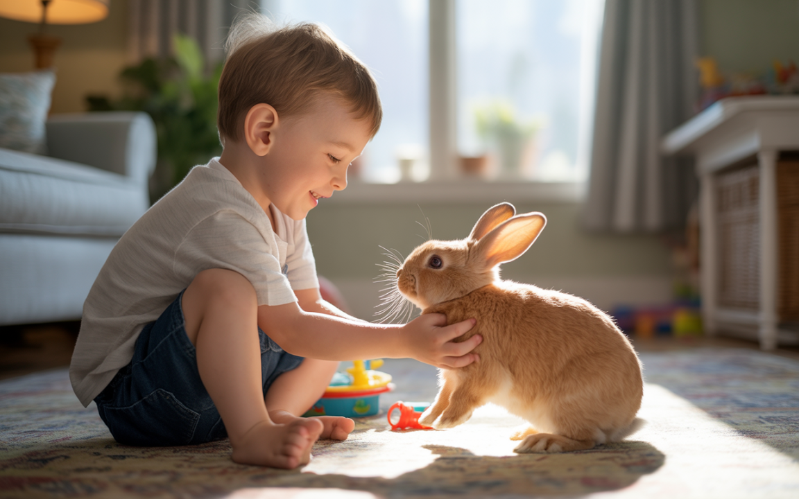 Un jeune enfant souriant joue avec un lapin beige dans un salon accueillant, baigné de lumière naturelle.