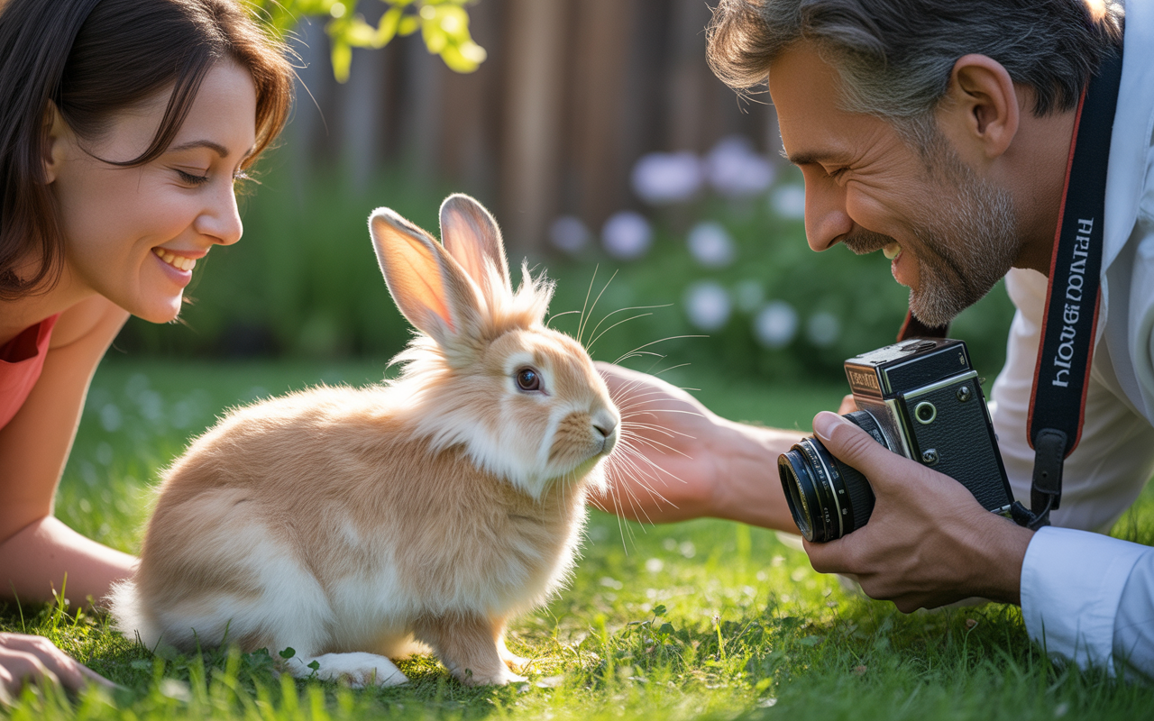 Un homme et une femme s'inclinent vers un lapin dans un jardin, l'homme tient un appareil photo vintage.