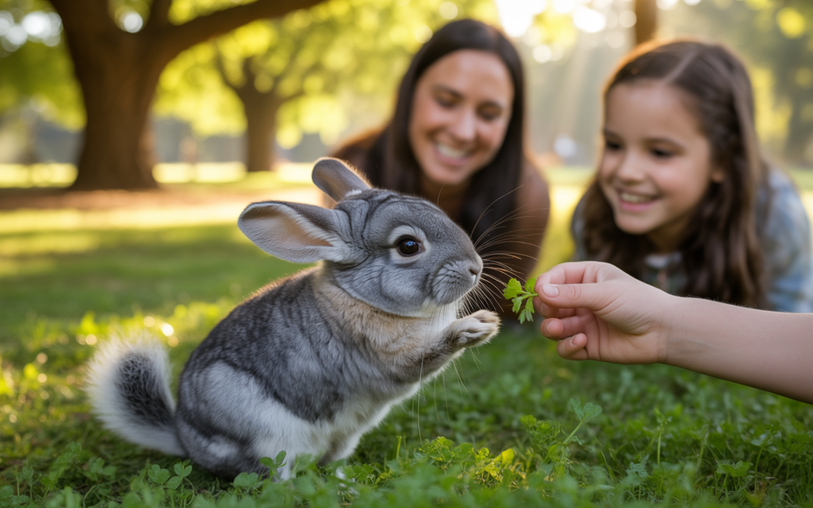 Un lapin gris mange un brin d'herbe, avec une femme et une fille souriantes en arrière-plan, dans un parc ensoleillé.