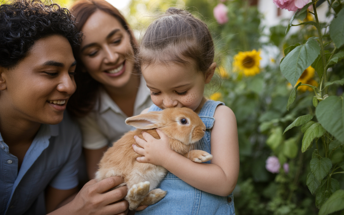 Un enfant serre un lapin tout en étant entouré de deux adultes dans un jardin fleuri, avec des tournesols en arrière-plan.