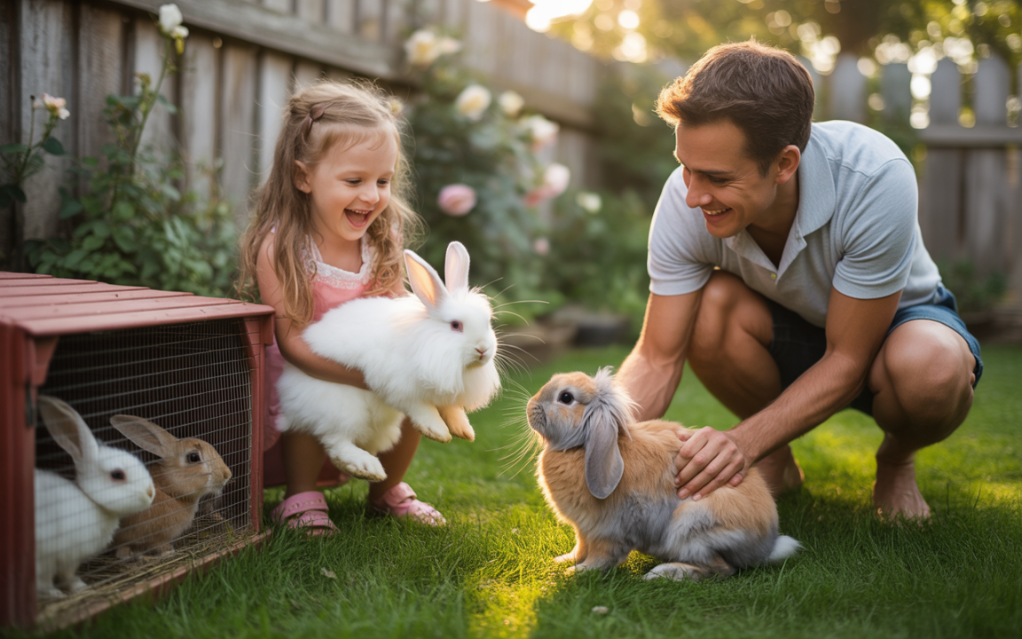 Un père et sa fille s'amusent dans le jardin, entourés de lapins. Elle tient un lapin blanc, riant joyeusement.