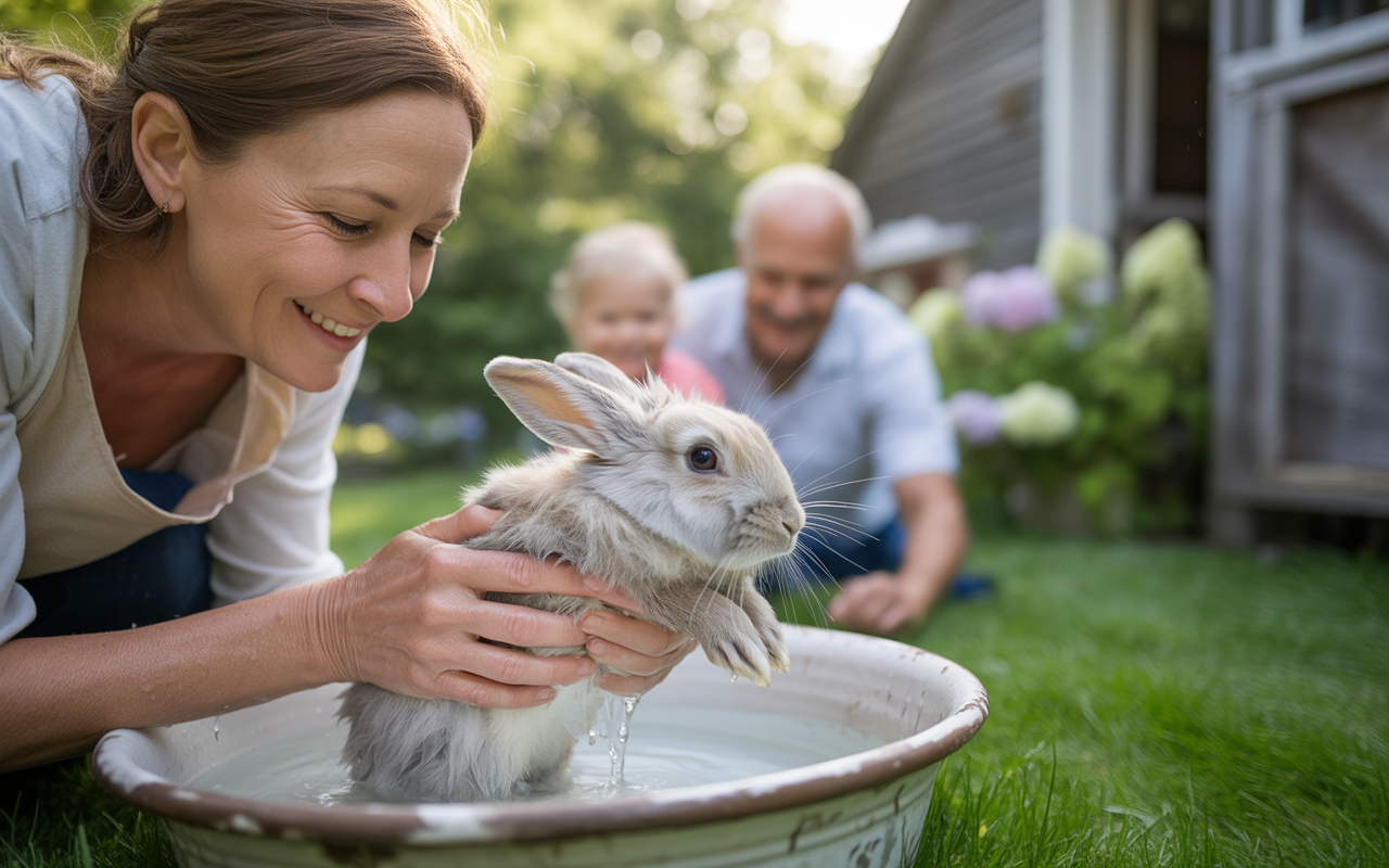 Une femme souriante lave un lapin dans un bac d'eau, avec des enfants et un homme en arrière-plan. Jardin verdoyant.