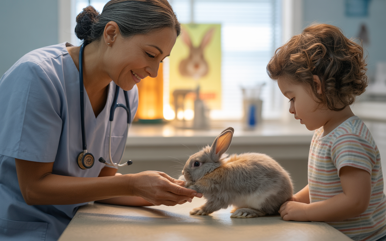 Un vétérinaire souriant interagit avec un enfant, tous deux attentifs à un lapin sur la table d'examen.