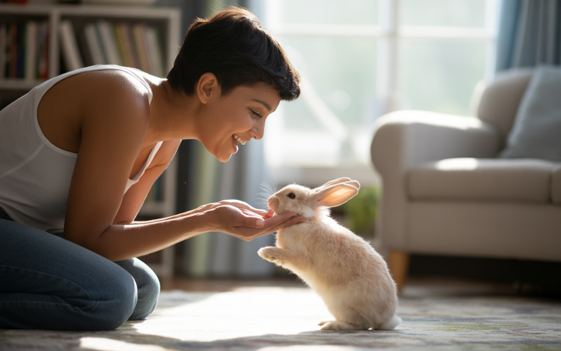 Une femme souriante joue avec un lapin dans un intérieur lumineux, assise sur un tapis, offrant une ambiance chaleureuse.