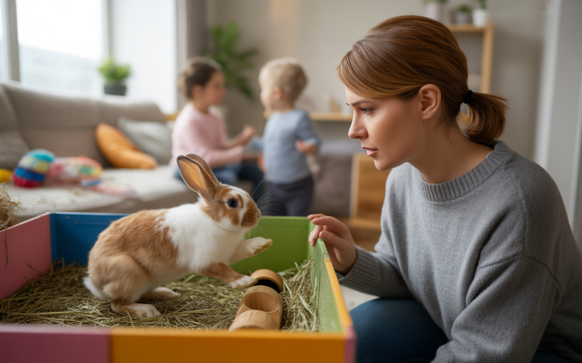 Une femme observe attentivement un lapin dans une cage colorée, tandis que deux enfants jouent en arrière-plan.