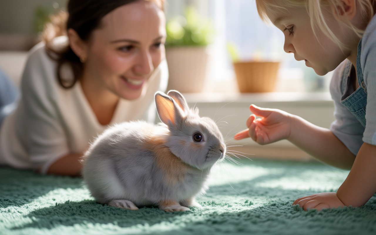 Une petite fille et une femme sourient, interagissant avec un adorable lapin gris sur un tapis vert dans un intérieur lumineux.