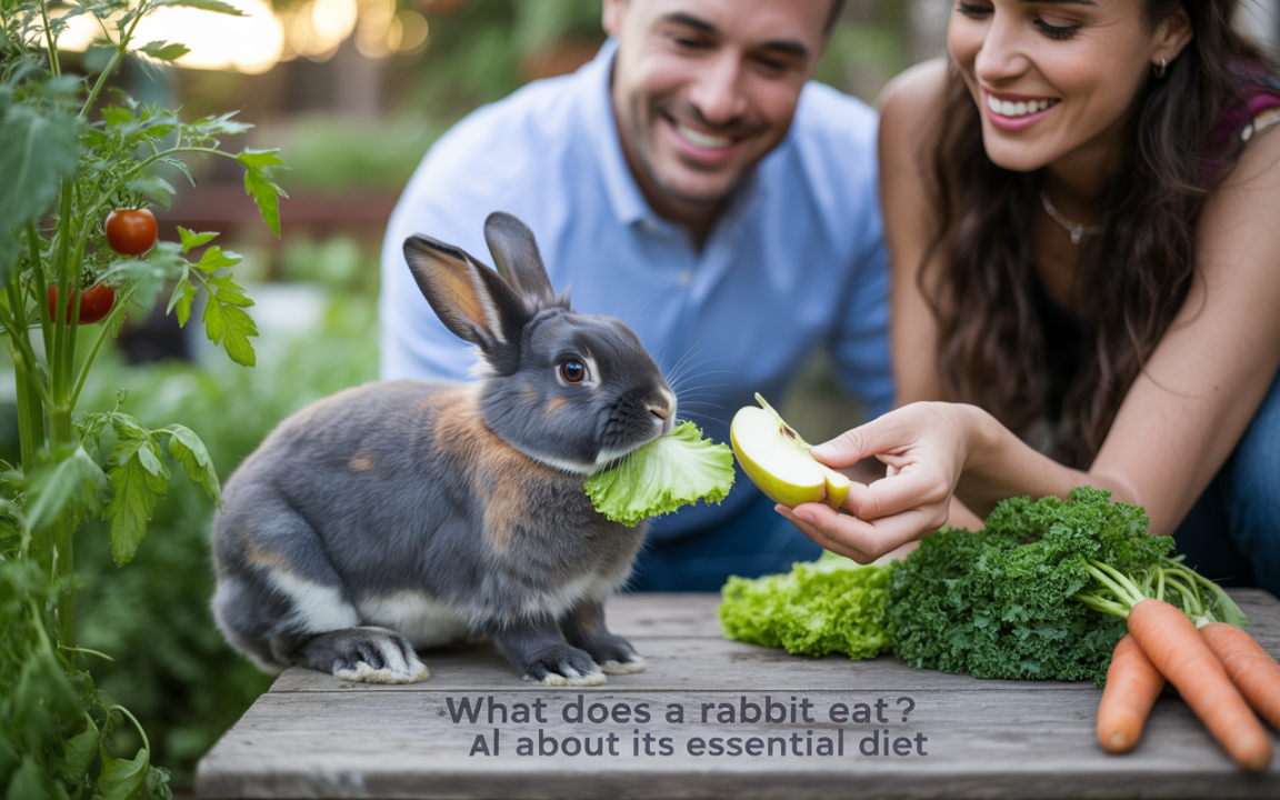 Un lapin mange de la laitue, tandis qu'un homme et une femme lui offrent une rondelle de pomme, entourés de légumes.
