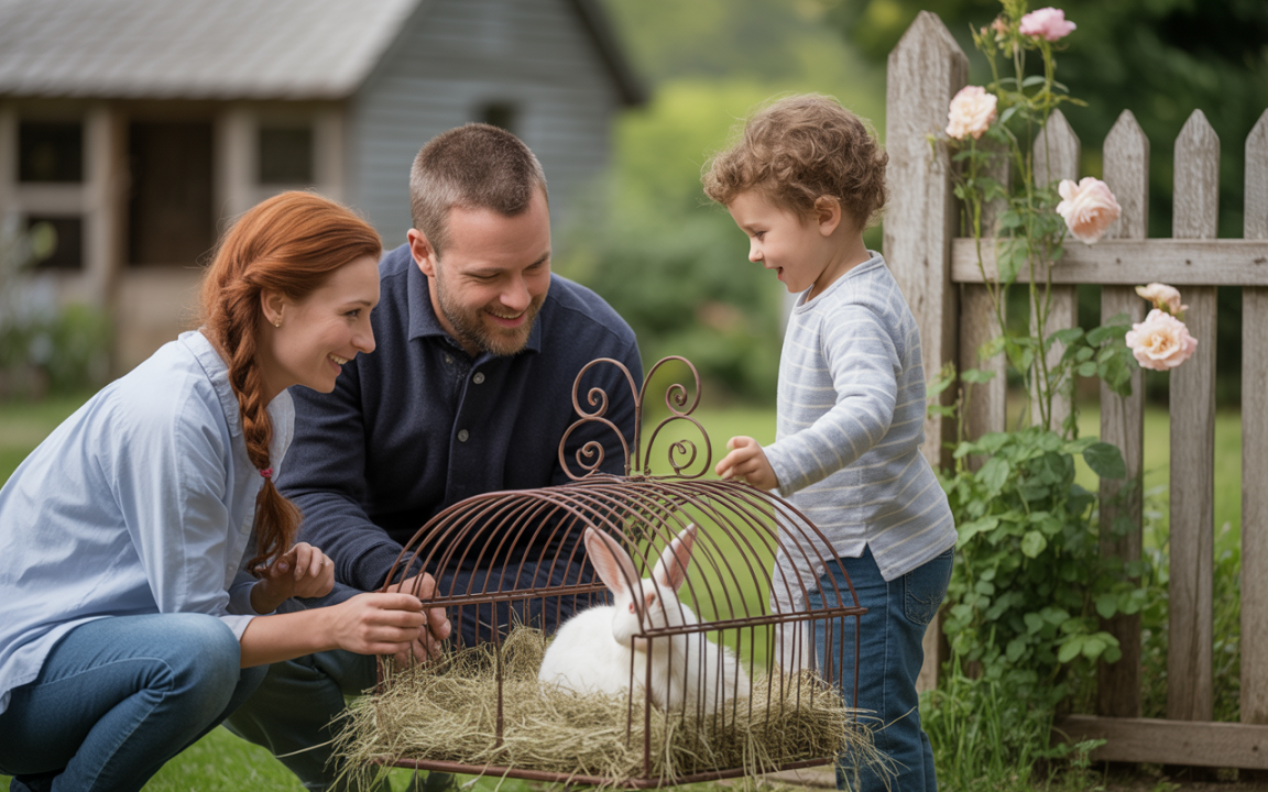 Une famille admire un lapin blanc dans une cage, souriant et se tenant près d'une clôture en bois, en pleine nature.