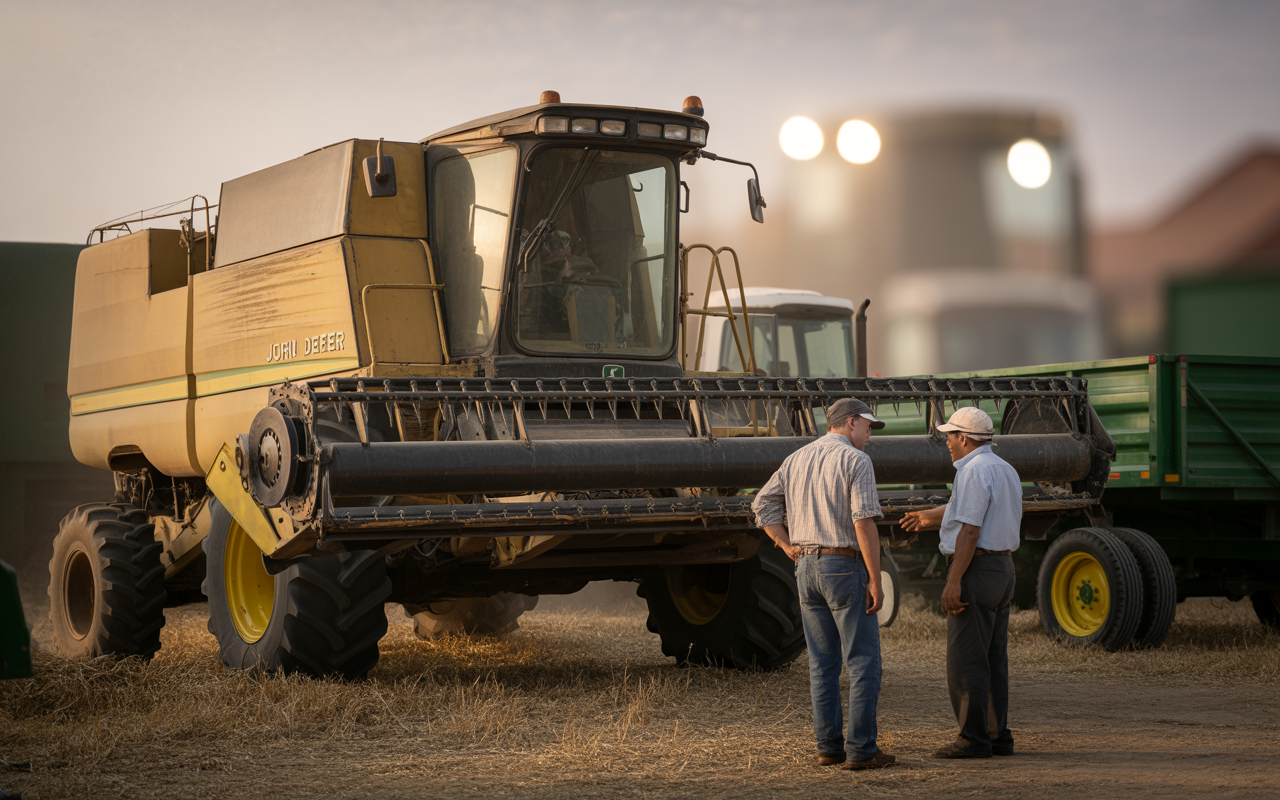 Deux hommes discutent près d'une moissonneuse-batteuse jaune John Deere, entourés de matériel agricole dans un champ.