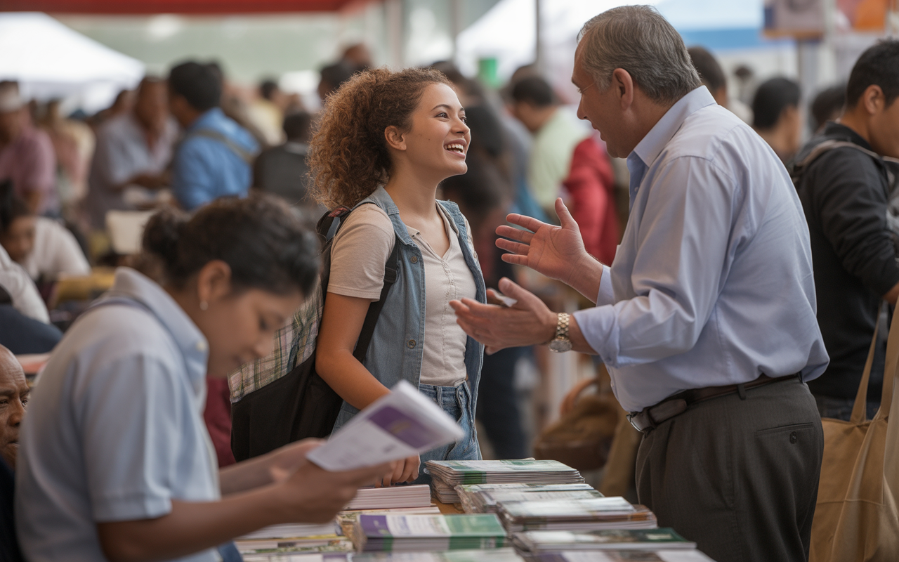 Une femme souriante discute avec un homme, entourés de personnes et de brochures sur une table dans un événement animé.
