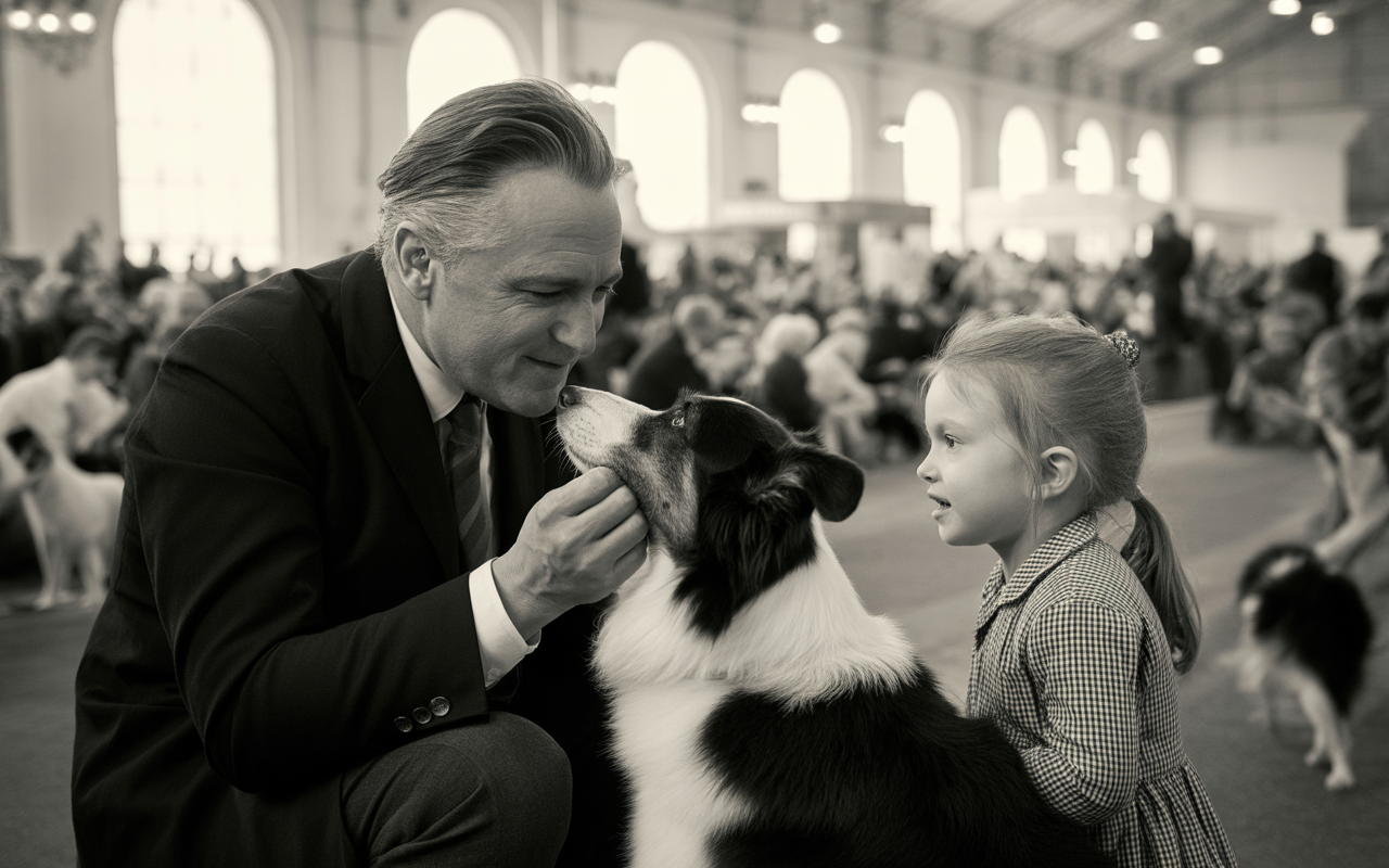 Un homme en costume caresse un chien tandis qu'une petite fille sourit à côté, dans une exposition canine animée.