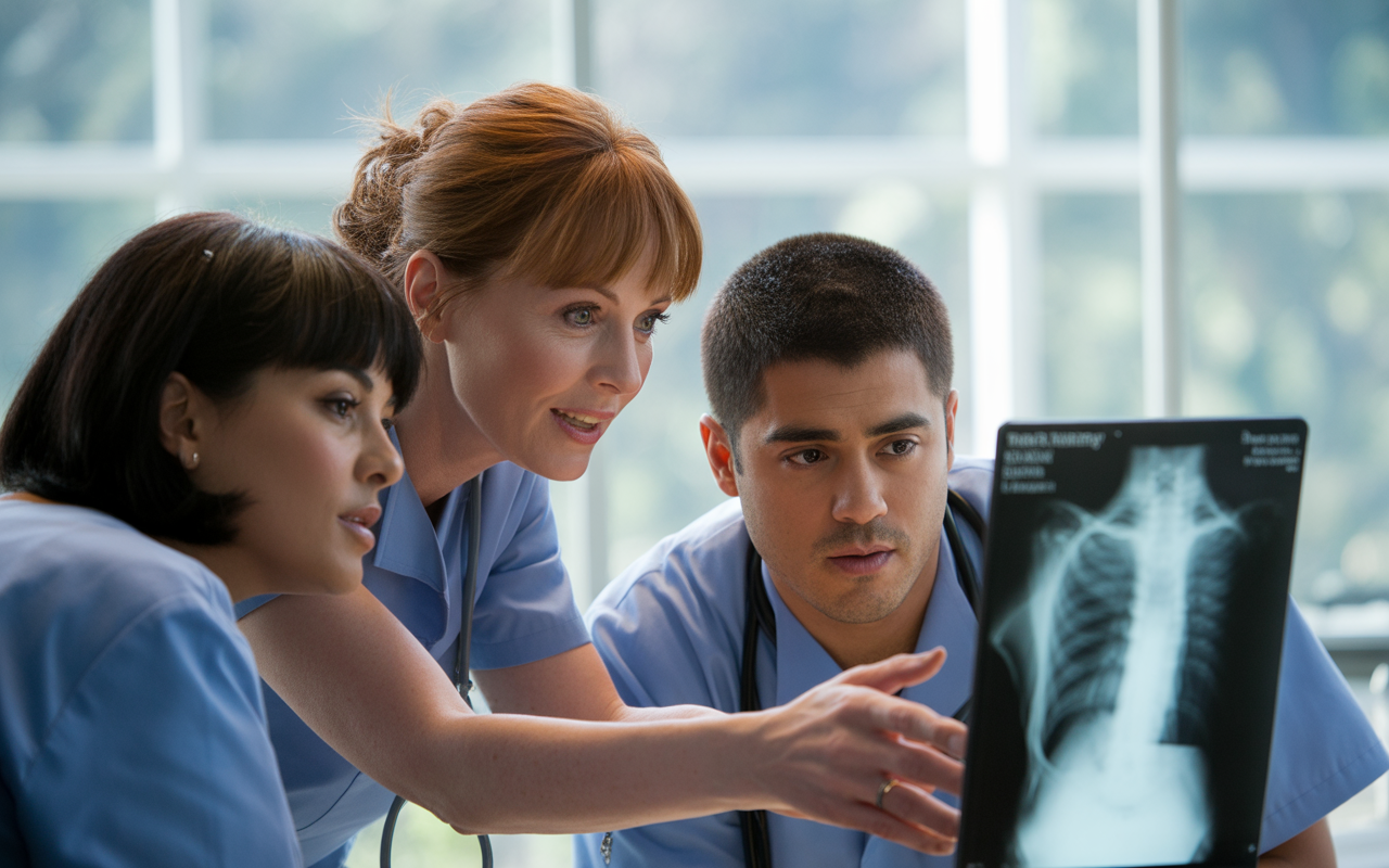 Trois professionnels de la santé examinent attentivement une radiographie des poumons, discutant de leurs observations dans un environnement lumineux.