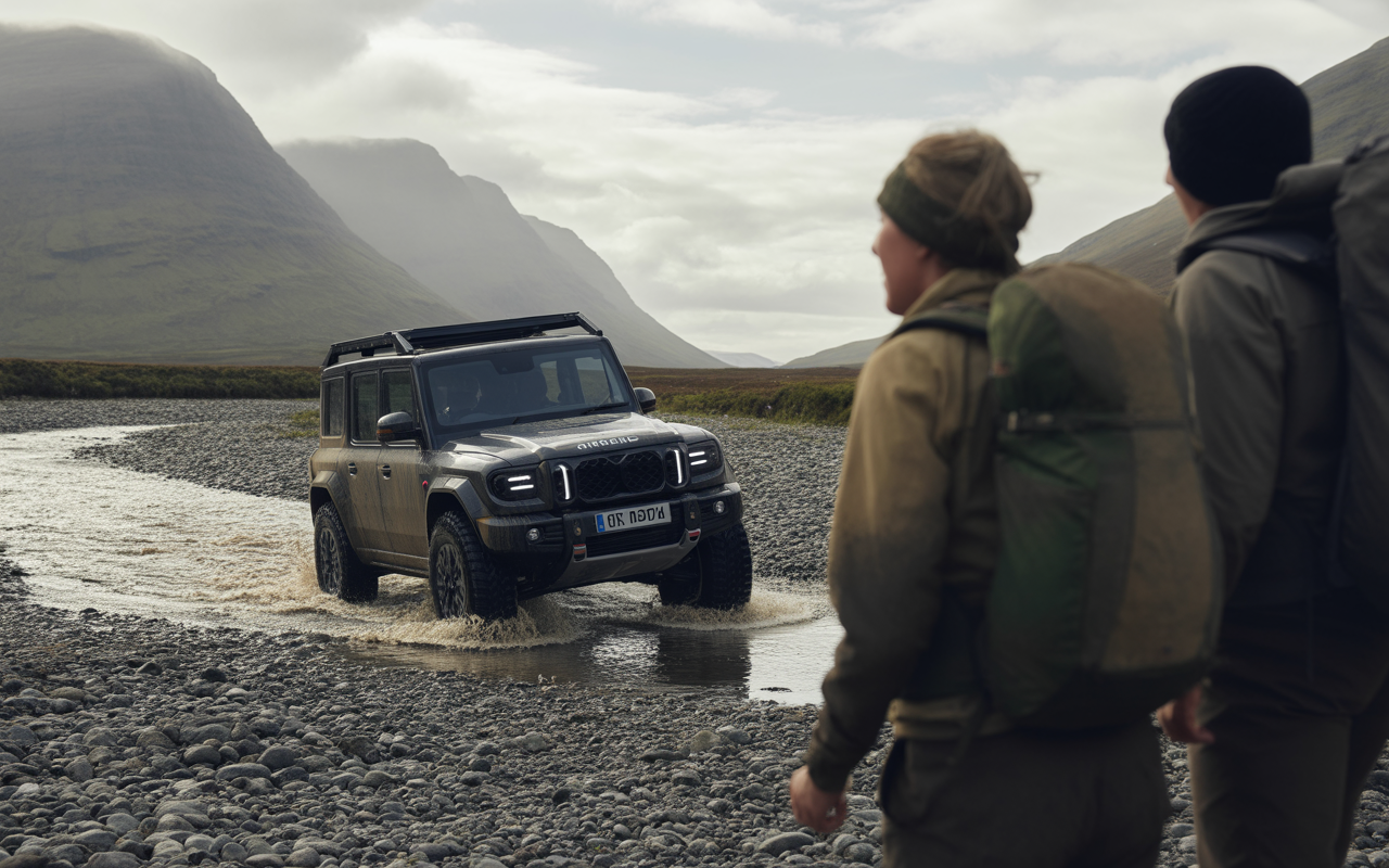 Un SUV tout terrain traverse une rivière, deux randonneurs l'observent dans un paysage montagneux brumeux.