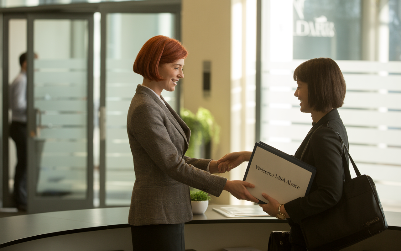 Deux femmes en tenue professionnelle se serrent la main dans un bureau moderne, l'une présentant un document "Welcome MSA Alsace".
