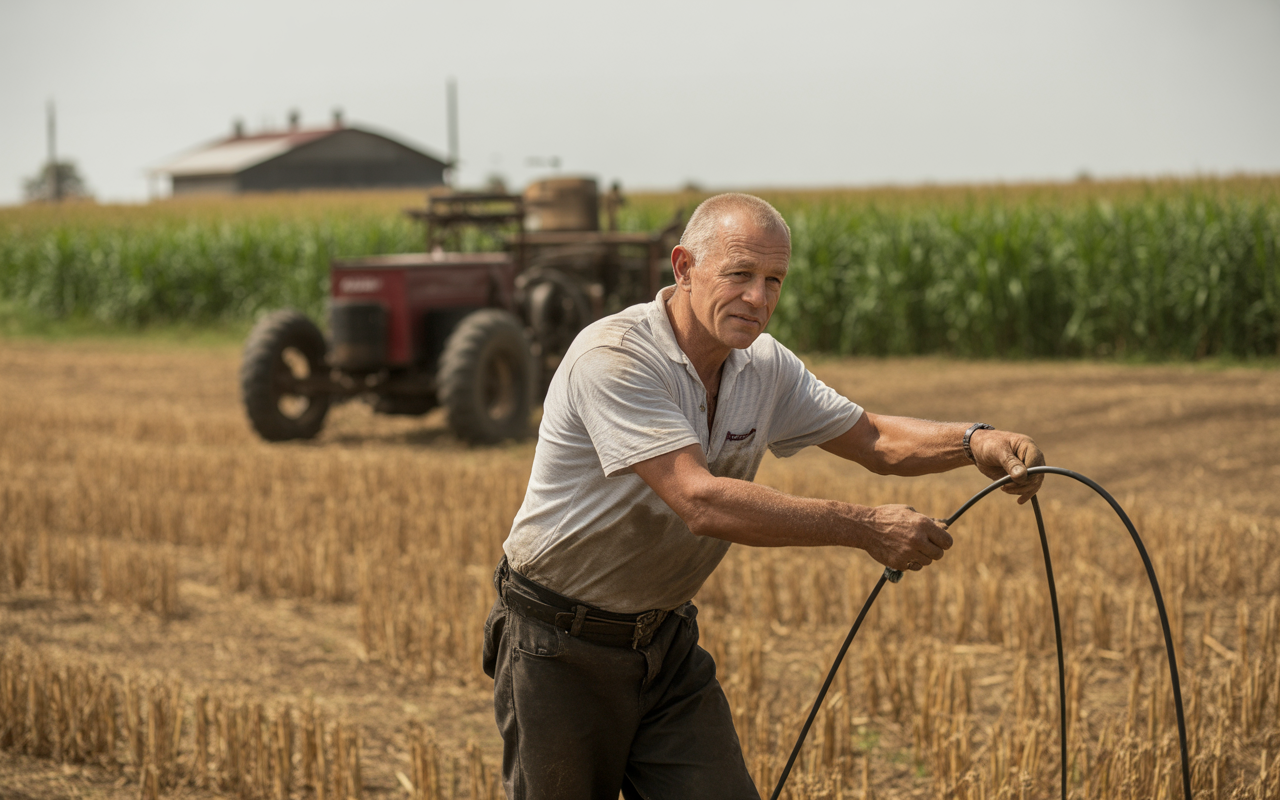 Un homme agriculteur manipule un tuyau dans un champ, avec un tracteur et des cultures en arrière-plan.