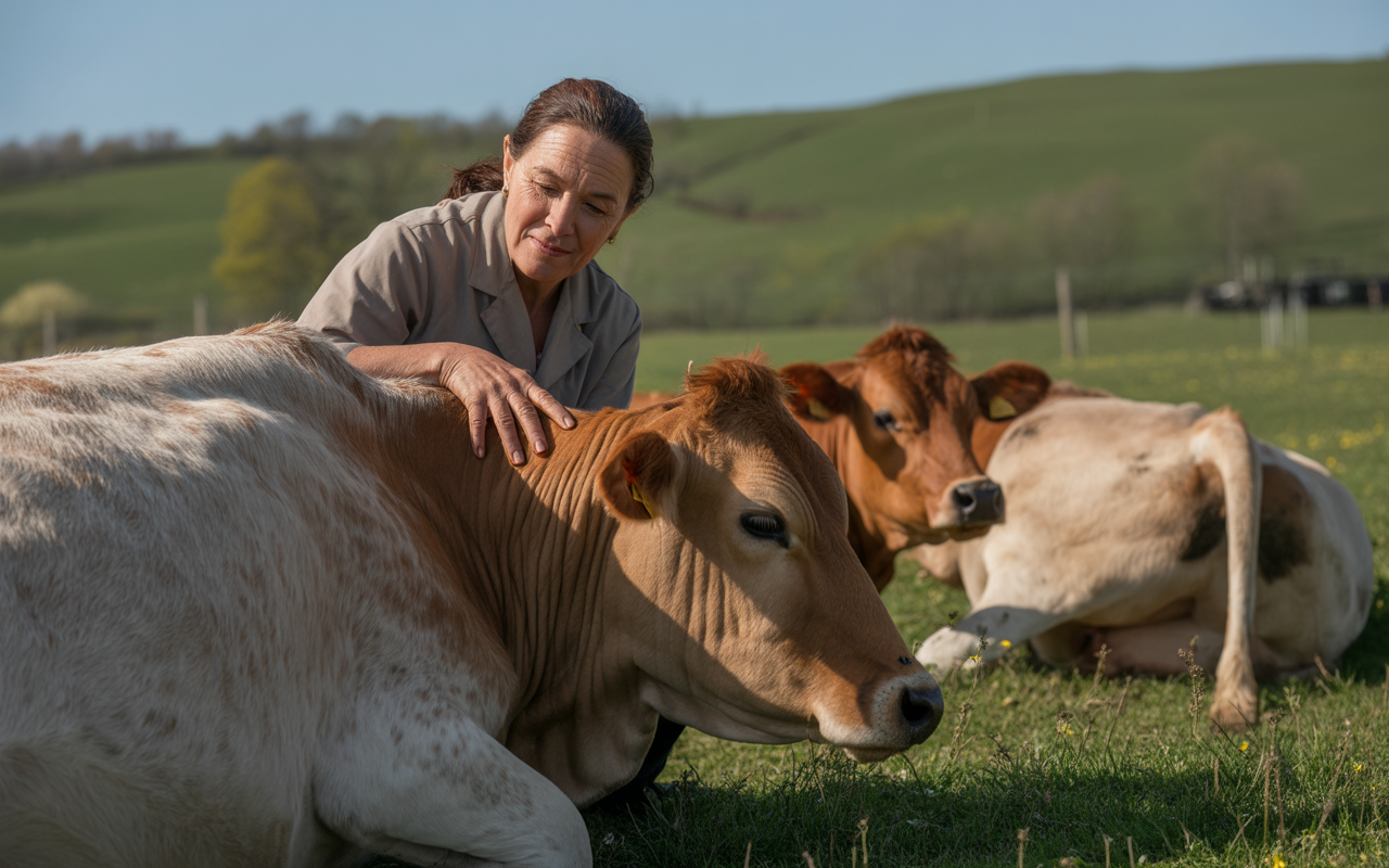Femme souriante caressant une vache dans un champ verdoyant, avec d'autres vaches reposant à proximité sous un ciel clair.