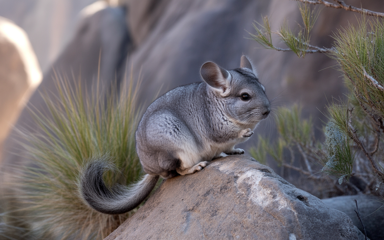 Un chinchilla gris est assis sur une roche, entouré de verdure et de rochers flous en arrière-plan.