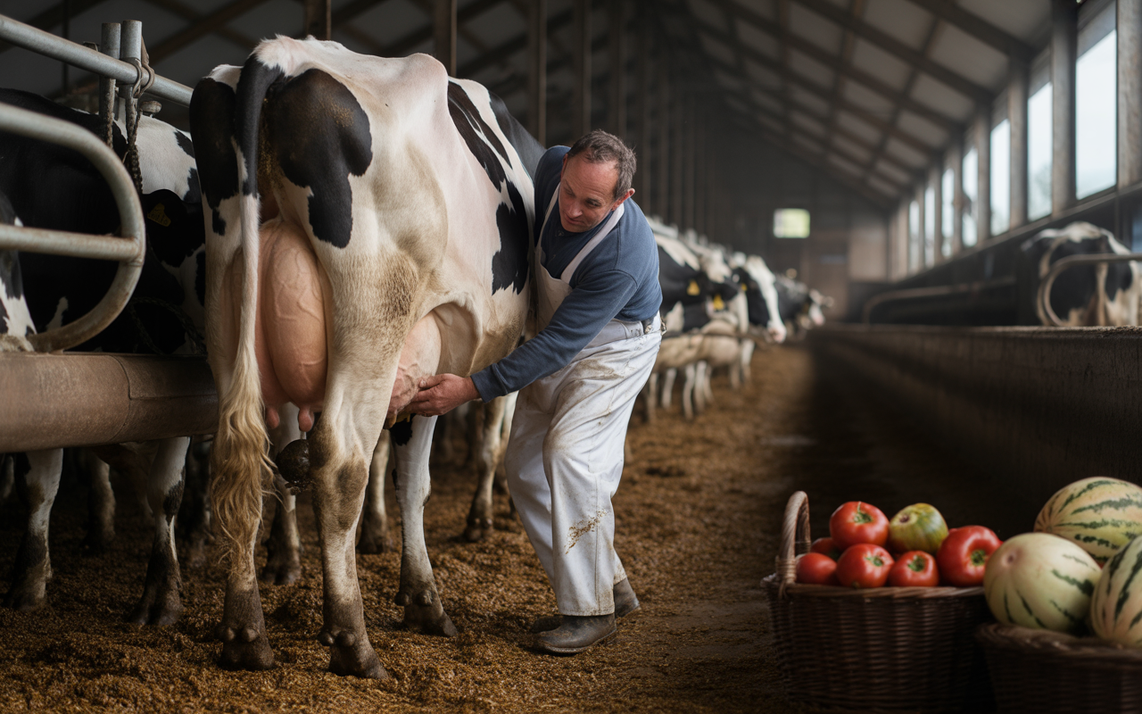 Un fermier traite une vache dans une étable, tandis que des paniers de légumes sont visibles à droite.