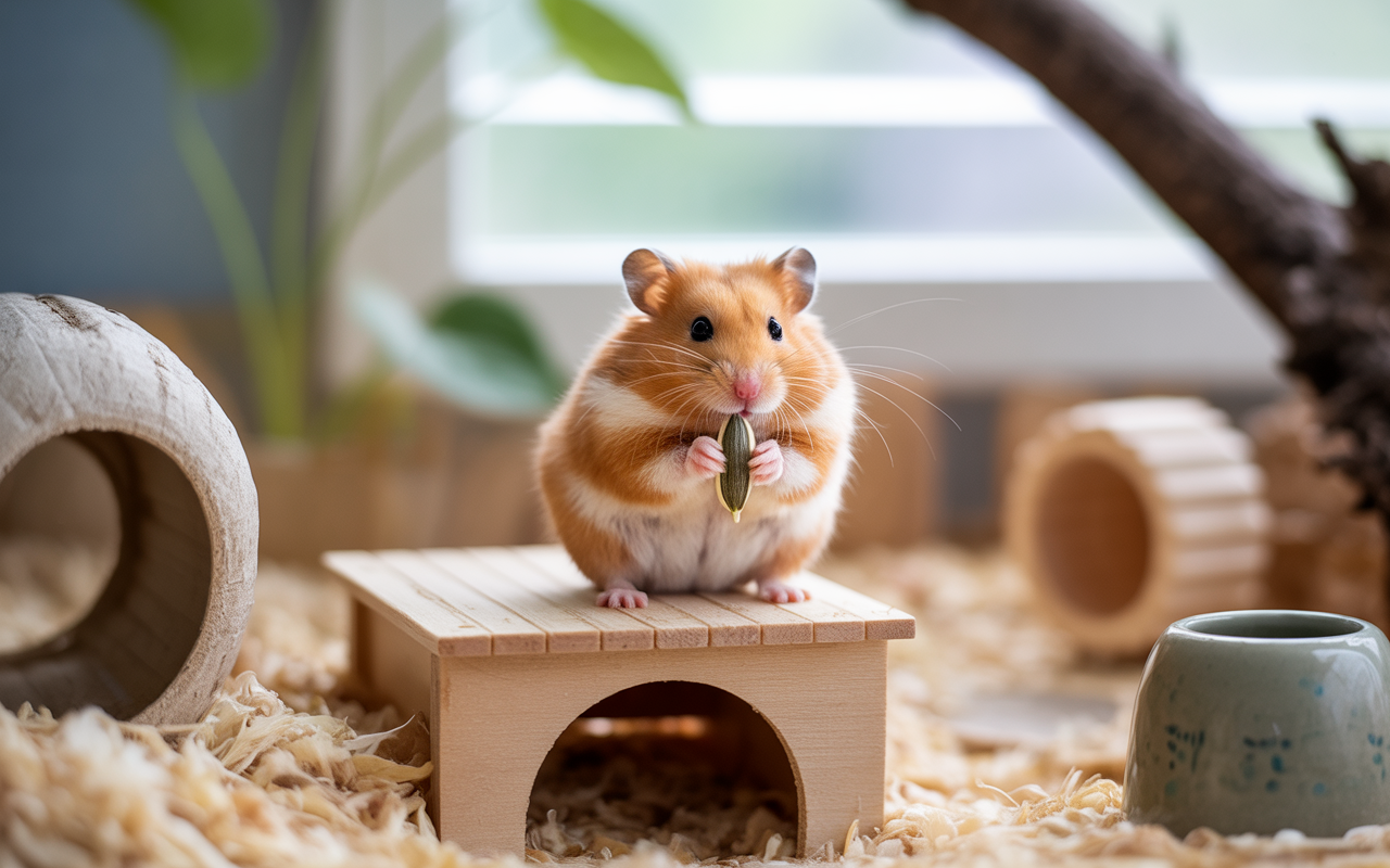 Un hamster orange et blanc tient une graine sur une petite table en bois, entouré de copeaux et d'accessoires.