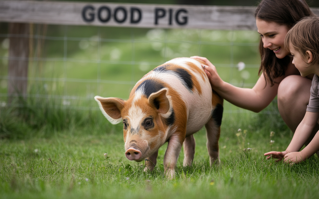 Une femme et un enfant caressent un cochon tacheté dans un champ, avec une clôture en bois en arrière-plan.