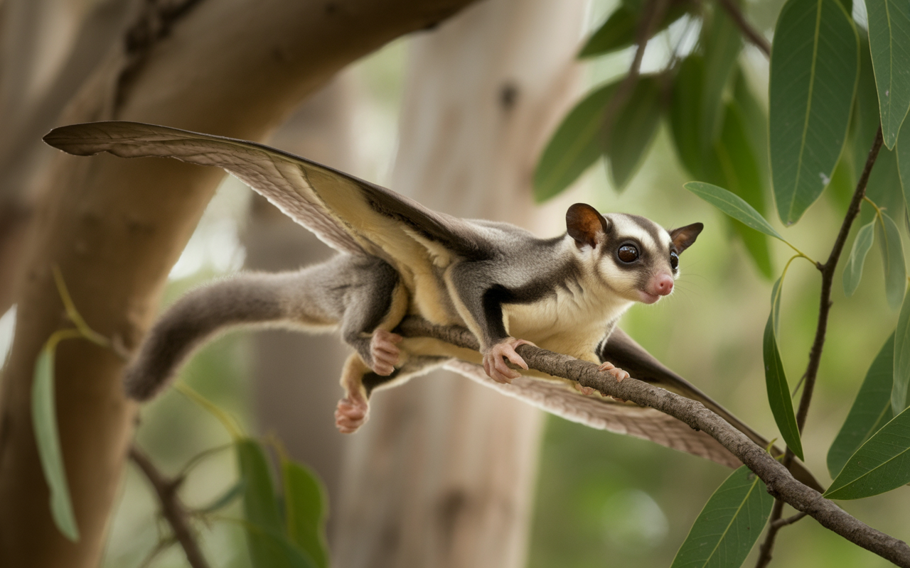Un marsupial volant, l'écureuil volage, se maintient sur une branche, prêt à glisser parmi les feuilles vertes.