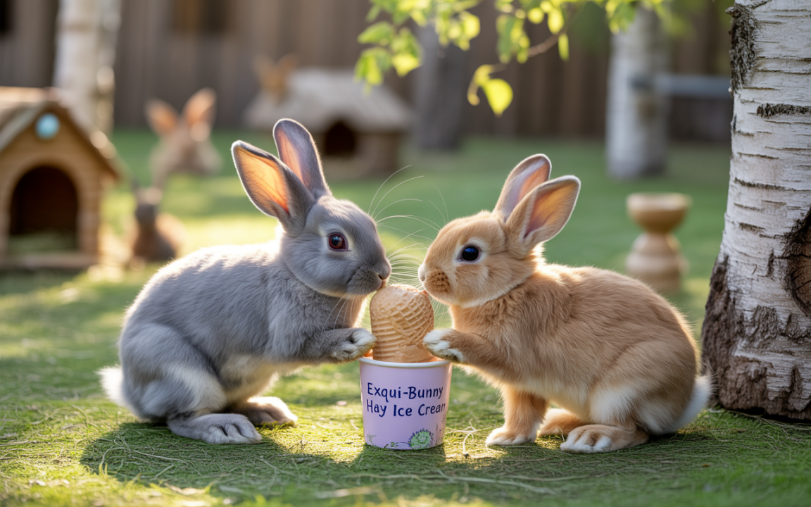 Deux lapins, un gris et un orange, partagent une glace dans un parc verdoyant, entourés de maisons en bois.