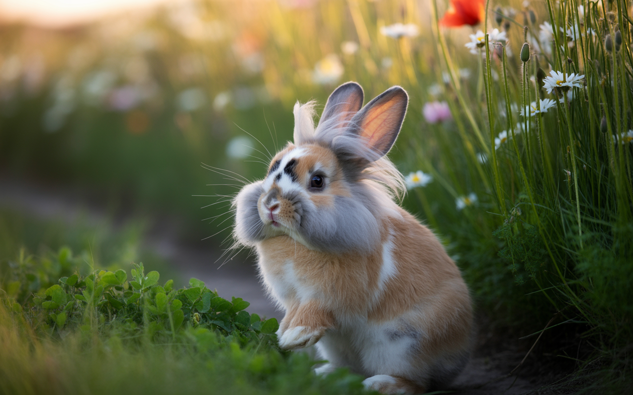 Un lapin aux oreilles longues et aux poils doux se tient parmi des fleurs colorées, sur un fond flou.