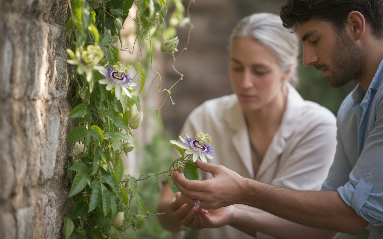 Un homme et une femme examinent une fleur de la passion dans un jardin, entourés de verdure et de murs en pierre.