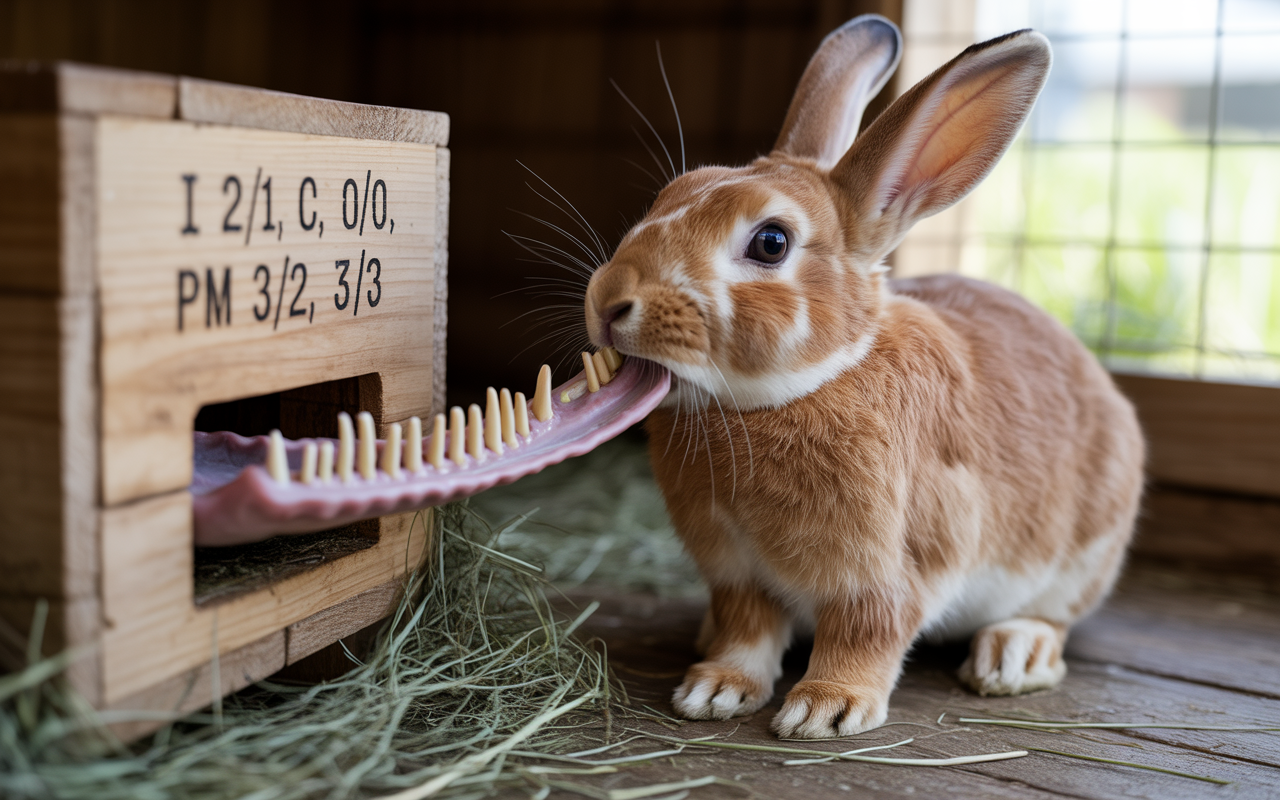 Un lapin aux poils brun clair tient un jouet en forme de langue dans sa bouche, se tenant près d'une boîte en bois.