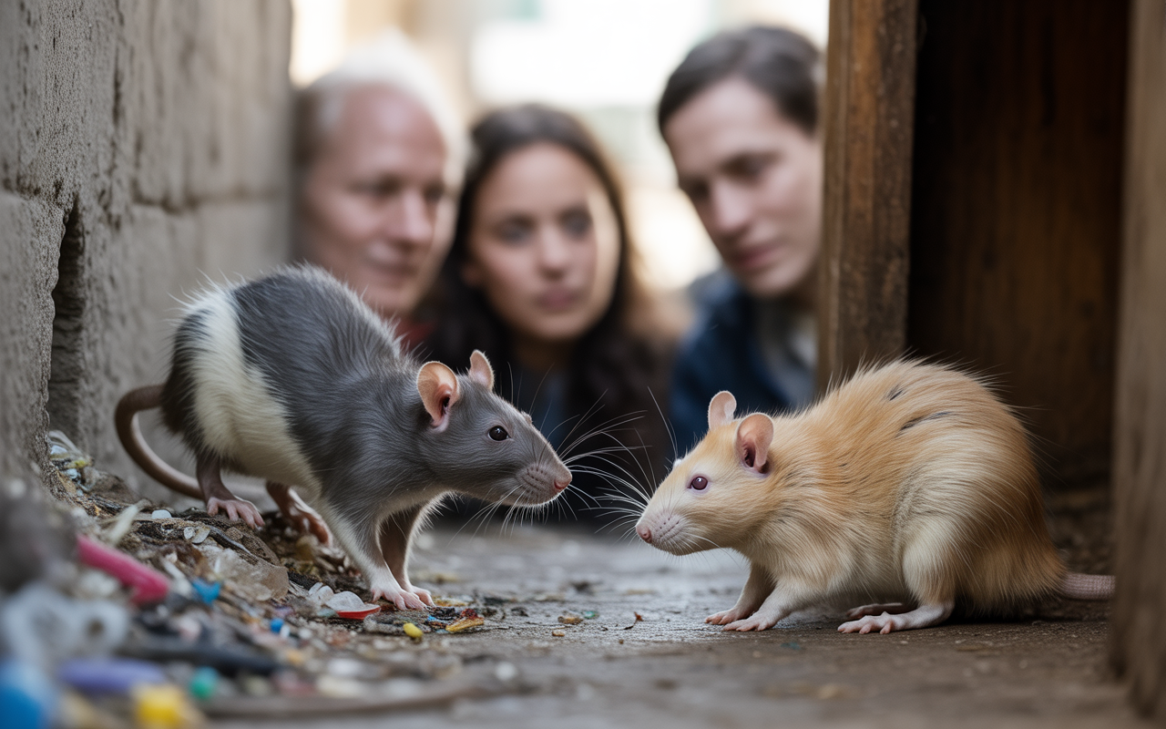 Deux rats, un gris et un crème, se rencontrent dans une ruelle, observés par trois personnes en arrière-plan.